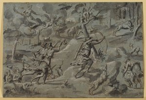 Anonym efter Mesteren af ​​Dianas Tapestry, Diane, på jagt med sine ledsagere, målrettet af Amour bueskytte, ca. 1590-1600, grå vask af French School