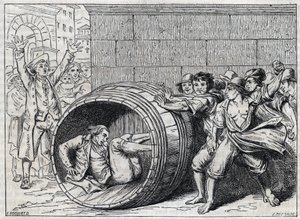 Antisemitforfølgelse i det 17. århundrede: en jøde ruller i en tønde af indbyggere i Rom. Illustration af "" Meo Patacca"", digt af Giuseppe Berneri (1637-1700). Gravering af Bocourt. af French School