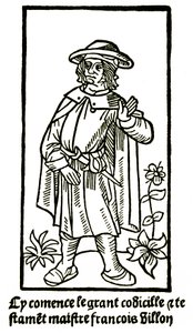 Apokryfisk portræt af digteren Francois Villon i "Det Store Testamente" - "Cy comence le grant codicille & testamet maistre Francois Villon"" (her begynder den store codicille et testament) udgave P Levet 1489 (træsnit) af French School