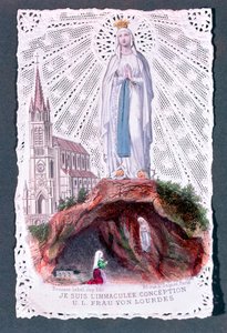 Visionen af Vor Frue af Lourdes, indgraveret af Bouasse-Lebel, ca. 1867 (farvegravering på blondepapir) af French School