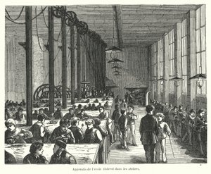Lærlinge i værkstederne på Ecole Diderot i Paris, Frankrig (gravering) af French School