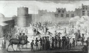 Arabiske krigere, der træner i Yemen, fra Beskrivelse af Arabien sørgede for egne observationer og meninger samlet samme steder af Carsten Niebuhr, udgivet 1774 af French School