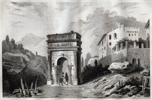 Augustusbue (Susa) - Augustusbue (Susa) - Arco di Augusto (Susa) - Indgravering fra "" Italy Picturesque" - Historisk og beskrivende maleri af Italien"" af M. de Norvins, Ch. Nodier 1834-1836. af French School