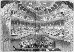 Arkitektur: indvendig udsigt over teatret (1700-tallet) i slottet Fontainebleau. Indgravering i "" Le Monde Illustré"" nr. 61 af 12. juni 1858. af French School