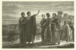 Aristoteles landsforvist fra Athen med sine disciple (gravering) af French School