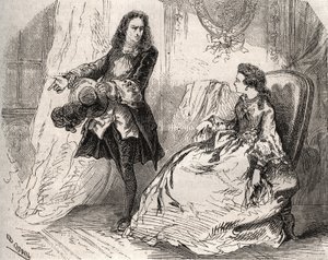 Armande Bejart (1641-1700), hustru til Jean Baptiste Poquelin dit Moliere (1622-1673) med sin elsker, greven af Guiche, gravering af 1871 i "Histoire Des Cocus Celebres"" af Henry de Kock (1819-1892). af French School