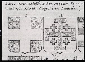 Armes de Montmorency et Godefroy de Bouillon - i "" Den vraye og perfekte videnskab om våbenskjoldet eller våbenindekset"" af Pierre Paillot af French School