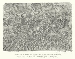 Hæren på march, basrelief fra Angkor, Cambodja (gravering) af French School
