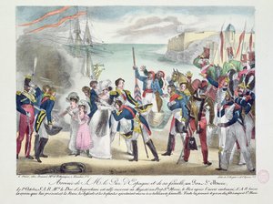 Hans Majestæt Ferdinand VII og hans families ankomst til Porte Sainte Marie, 1. oktober 1823, 1823 af French School