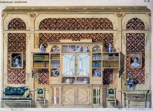 Bibliotek i art nouveau-stil, illustration fra magasinet Interieurs Modernes (Modern Interiors) af French School