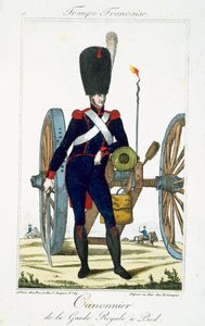 Artillerist fra den kongelige garde med en kanon, fra Troupes Francaises, pub. hos Basset, Paris, ca. 1790 af French School