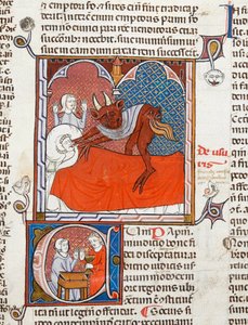 Arundel 484 f.245 En djævel eller dæmon på en død persons seng, illustration fra Digestum Vetus med gloss ordinaria, af Justinian, ca. 1300-10 (vellum) af French School