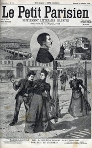 Mordet på impressen Elizabeth af Østrig (Sissi) af den italienske anarkist Luccheni i Genève i 1898. Cover af "" Le petit Parisien"" fra 1898 - Mordet på kejserinde Elisabeth af Østrig (Sissi) af den italienske anarkist Luigi Lucheni, i Genève af French School