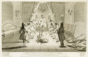 Forsamling af frimurere til initiering af en mester, fra The Ceremonies of Religion and Custom, ca. 1733 af French School