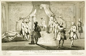 Forsamling af frimurere til indvielse af en mester, kandidatens indgang til logen, fra The Ceremonies of Religion and Custom, ca. 1733 af French School