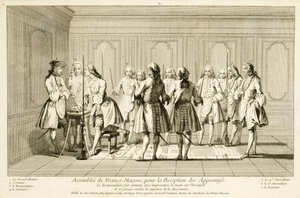 Forsamling af frimurere for at indlede en lærling, fra The Ceremonies of Religion and Custom, ca. 1733 af French School