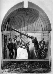 Astronomi: Fransk astronomisk ramme transporteret til Yokohama (Japan) for at observere planeten Venus passere forbi Solen. Indgravering i "" Le Monde Illustré"" nr. 904 af 8. august 1874. af French School