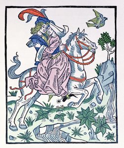 Aucassin og Nicolette på en hest, fra det tidlige 13. århundredes chantifable Aucassin et Nicolette af French School