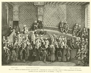 Publikum på Chatelet i Paris under Ludvig XV, dom over tyve og piger; fra maleriet tilhørende M Desmaze, rådgiver ved hoffet; tegning af Mme L de Chatillon af French School
