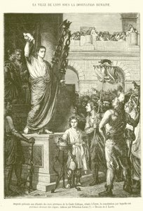 Augustus præsenterer for de deputerede i de tre provinser i det keltiske Gallien, der mødes i Lyon, den forfatning, som disse provinser skal styres efter (gravering) af French School