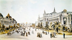 Avenue Nicholas II, der viser Grand Palais og Petit Palais under Exposition Universelle i Paris, illustration fra 