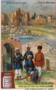 Bala-Hissar Gate i Afghanistan og soldater fra den afghanske hær ved Khaiber-overgangen. Reklamekromolitografi fra det 19. århundrede. af French School