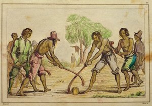 Boldspil, populære skikke hos de chilenske indianere (håndfarvet gravering) af French School