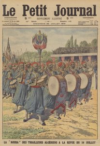 Band of the Algerian Tirailleurs, der marcherer i Bastille-dagens militærparade i Paris (farve litho) af French School