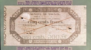 Seddel på 500 francs fra Årets 24. Germinal XI, 1806 (blæk på papir) af French School