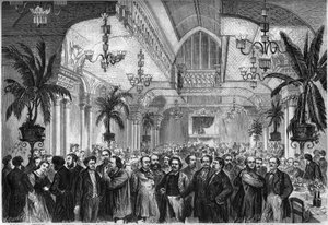 Banket for avisen ""Le Figaro"", givet den 6. februar 1864 i salonen i Restaurant du Passage des Princes i Paris, med deltagelse af journalister, forfattere, kunstnere... Er til stede, fra venstre mod højre: Nestor Roqueplan , Mme Ugalde , de Montaut, Pete af French School