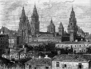 Barokkunst: udsigt over katedralen i Santiago de Compostela (Santiago de Compostela). Spanien. Indgravering i "" Le Monde Illustré"" nr. 1220 af 14. august 1880. af French School