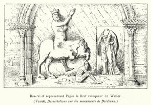 Bas-relief, der repræsenterer Pepin, den korte erobrer af Waifer (gravering) af French School