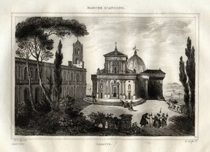 Basilica della Santa Casa - Loreto - Sanctuary of Lorette - Loreto - Basilica of Our Lady of Loreto - Holy House of Loreto eller House of Nazareth - Gravering fra "" Picturesque Italy"" - Historisk og beskrivende maleri af Italien"" af M. de Norvins, Ch. N af French School