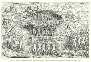 Kamp mod Iroquois; efter en gravering fra Sieur de Champlains rejser, Xaintongeois, Paris af French School