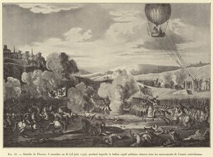 Slaget ved Fleurus, 8. Messidor år II (26. juni 1794), hvor den fangede militærballon observerer alle den østrigske hærs bevægelser (gravering) af French School