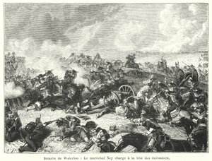 Slaget ved Waterloo, marskal Ney anfald i spidsen for cuirassiers (gravering) af French School