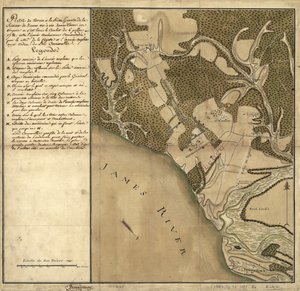 Battle of Green Spring, kort over landet på venstre bred af James River overfor Jamestown i Virginia, hvor slaget den 6. juli af French School