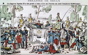Slaget ved Sedan i 1870. Den tidligere kejser Napoleon III bliver fanget i Sedan og leverer til preusserne en fransk hær på 80.000 mand, billede af en rygmarv. af French School