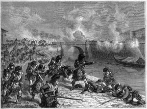 Slaget ved Toulouse: sidste slag mellem de britiske og spanske styrker under Wellington mod franskmændene 1814 - Slaget ved Toulouse 10. april 1814 mellem tropperne fra den imperiale hær under kommando af Marechal Soult og tropperne fra Anglo-Hispano-Porte af French School