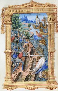 Kampscene mellem bueskytter og kavaleri, med slot og skibe, ca. 1495-1500 af French School