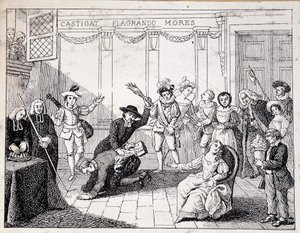 Beaumarchais piskes i Saint Lazare - scene med Beaumarchais, der holder brochuren om Folle journee i hånden - fra ap. maleri af Comedie Francaise, kobberstik af French School
