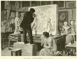 Fine Arts, A Workshop Corner, maleri af M Edouard Dantan (gravering) af French School
