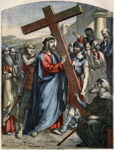 Bibelscene - Korsvejen: Jesus er korsets byrde. Indgravering i "" Le Pelerin"" af 3. maj af French School