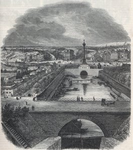 Fugleudsigt over Canal Saint-Martin (Saint Martin), Place og Bastille-distriktet, taget fra højre bred af Seinen - Indgravering i "Tableau-de-Paris" af Edmond Texier 1852 af French School