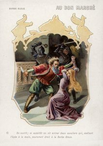 Bluebeards kone bliver reddet fra døden ved sin mands hånd ved ankomsten af hendes brødre (chromolitho) af French School