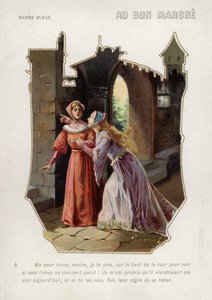 Blåskægs kone fortæller sin søster, Anne, at hun skal klatre op i slottets tårn og passe på sine brødre (chromolitho) af French School