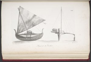 Båd fra Caroline Islands, fra A Picturesque Voyage Round the World, med Portrætter af Vilde fra Amerika, Asien, Afrika og Øerne i Det Store Ocean; landskaber, havudsigt og flere naturhistoriske genstande; sammen med af French School