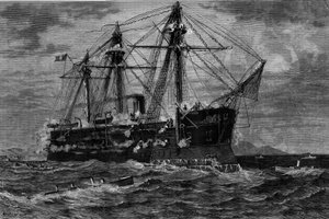 Bådskib angrebet af torpedobåde (1800-tallet). Indgravering efter maleriet af Pierre Emile de Crisenoy (1800-tallet) i "" The Illustrous World"" nr. 1220 af 14. august af French School