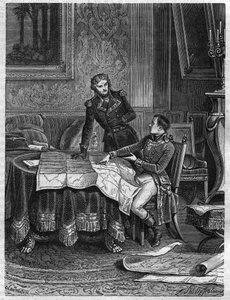 Bonaparte (1769-1821) viser til general Jean Joseph Dessolles (Jean-Joseph Dessoles) (1767-1828) en kampagneplan for Armee of the Rhine, marts 1800 - Indgravering af 1865 i "Histoire du Consulate et de l