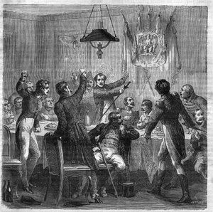 Bonapartistisk banket under restaureringen mellem det første imperiums fald den 6. april 1814 og revolutionen af de tre glorieuses den 29. juli 1830. Indgravering i "Histoire des Papes-Rois-Queen and Empereurs a travers les centuries" af Maurice Lachat af French School